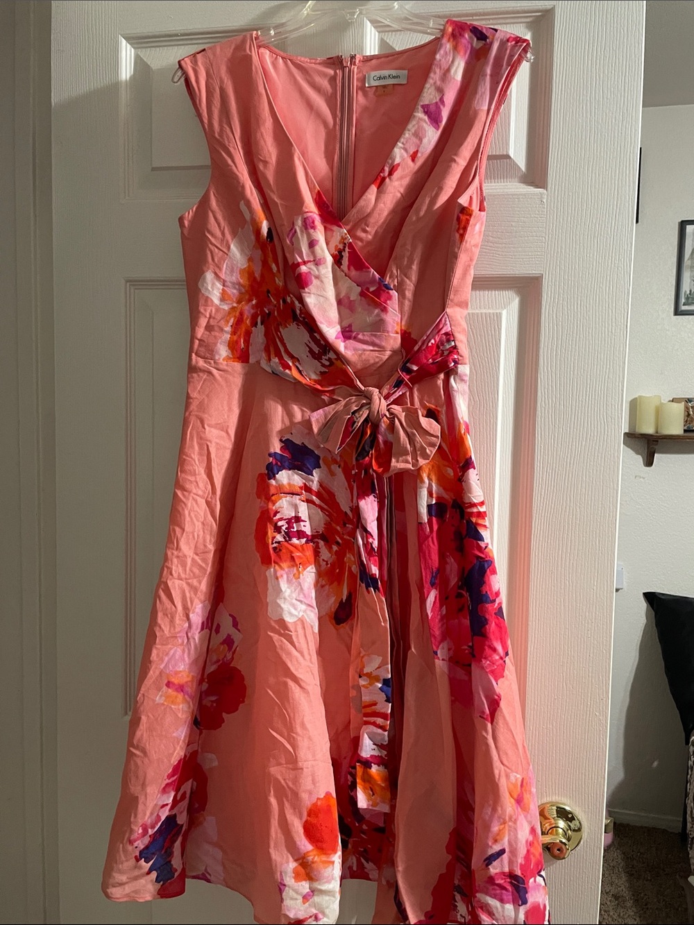Calvin Klein Coral Pink Floral Wrap Midi Dress